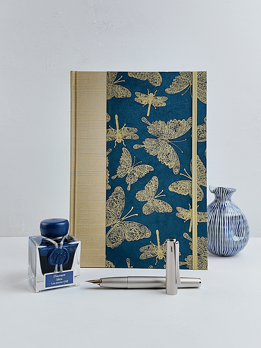 B5 192-page Hardcover Journal finished in Soft Gold Japanese book cloth and blue Nepalese Lokta Paper