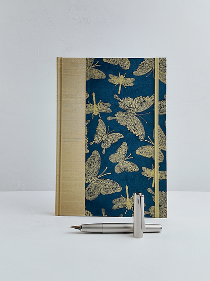 NEW B5 192-page Hardcover Journal finished in Soft Gold Japanese book cloth and blue Nepalese Lokta Paper
