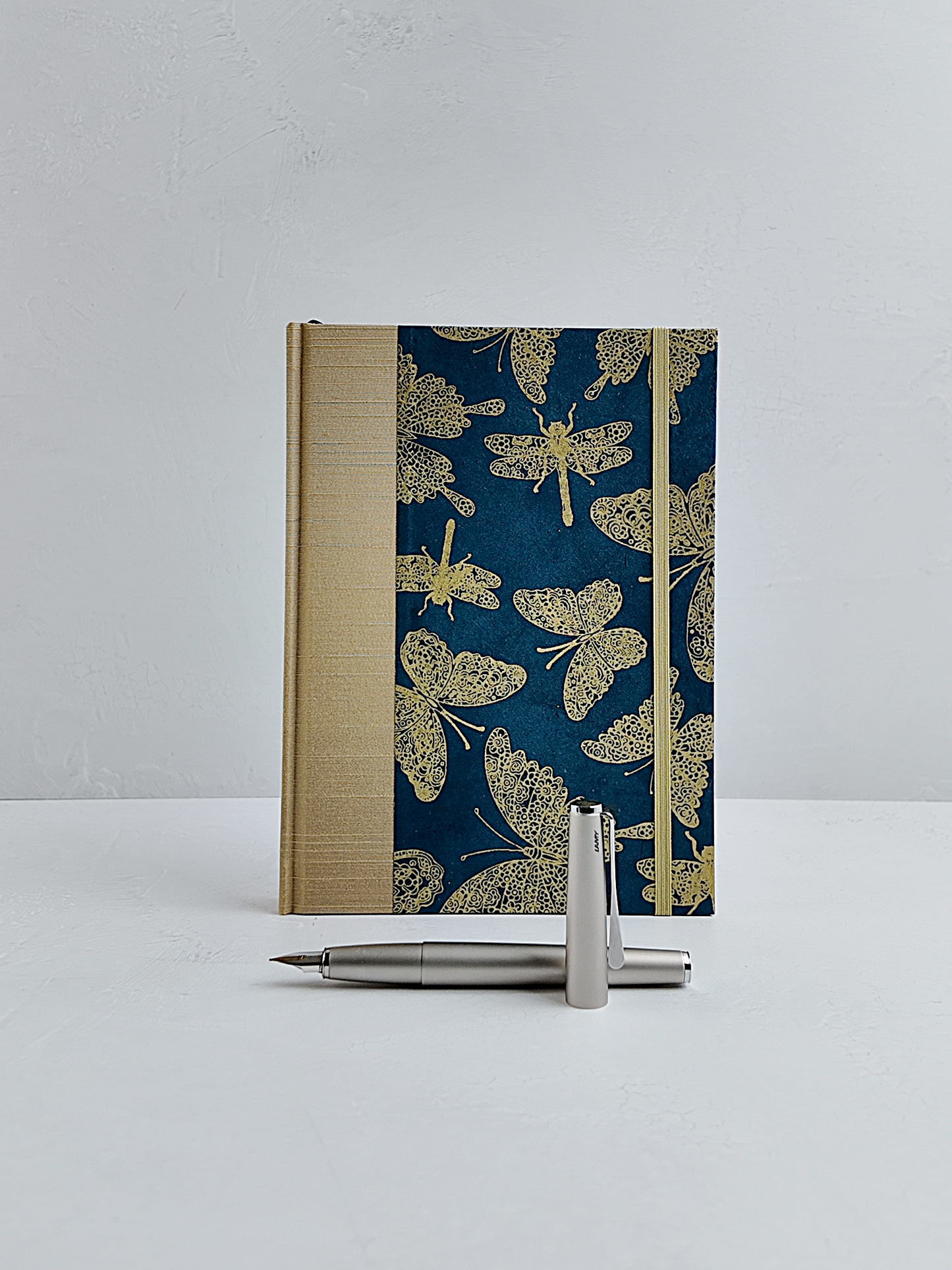 NEW A5 160-page Hardcover Journal finished in Soft Gold Japanese book cloth and blue Nepalese Lokta Paper