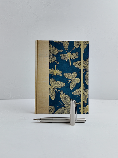 NEW A5 160-page Hardcover Journal finished in Soft Gold Japanese book cloth and blue Nepalese Lokta Paper