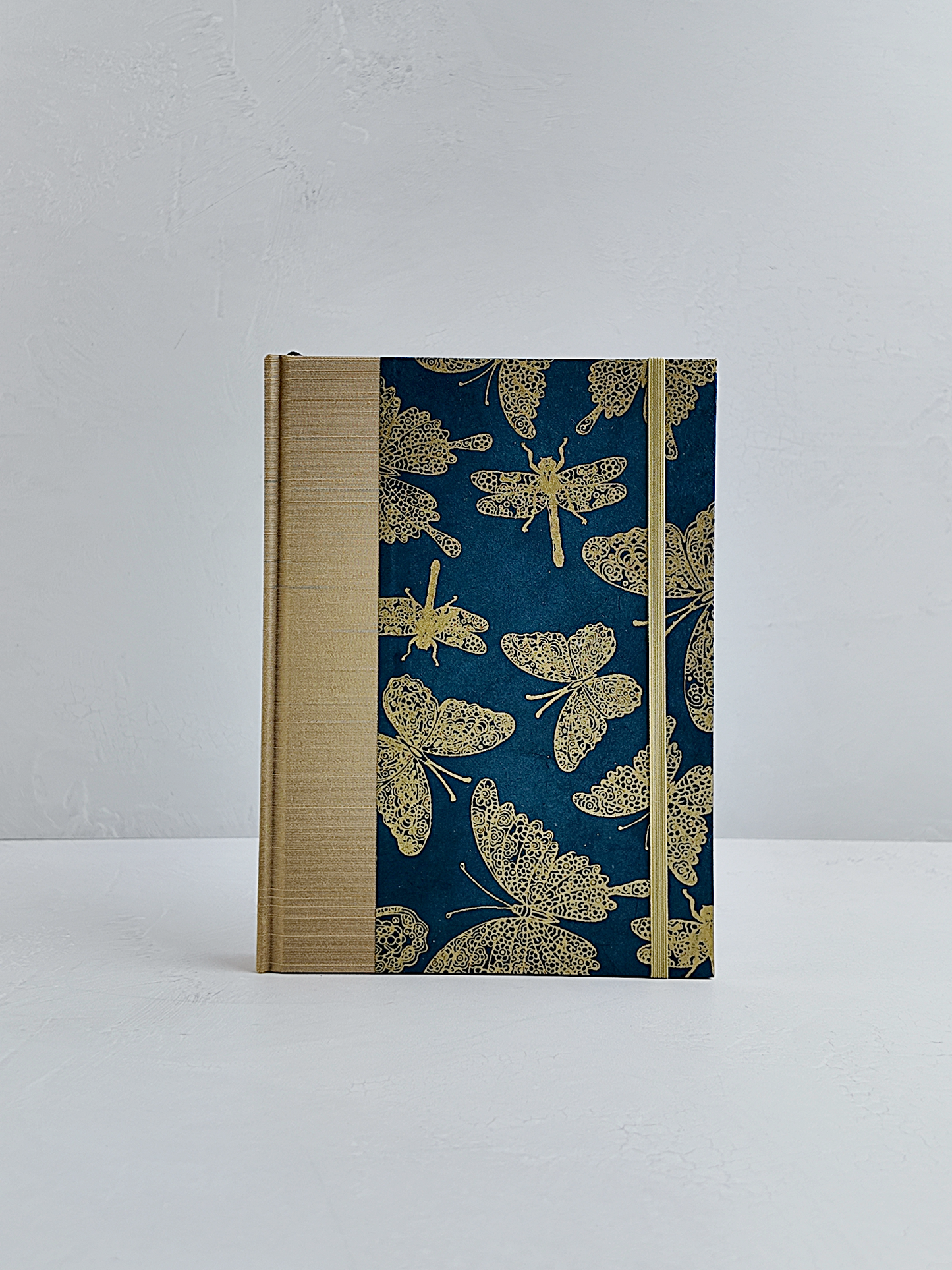 NEW A5 160-page Hardcover Journal finished in Soft Gold Japanese book cloth and blue Nepalese Lokta Paper