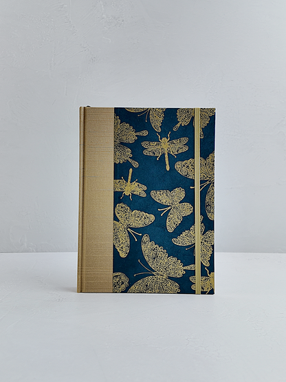 NEW A5 160-page Hardcover Journal finished in Soft Gold Japanese book cloth and blue Nepalese Lokta Paper