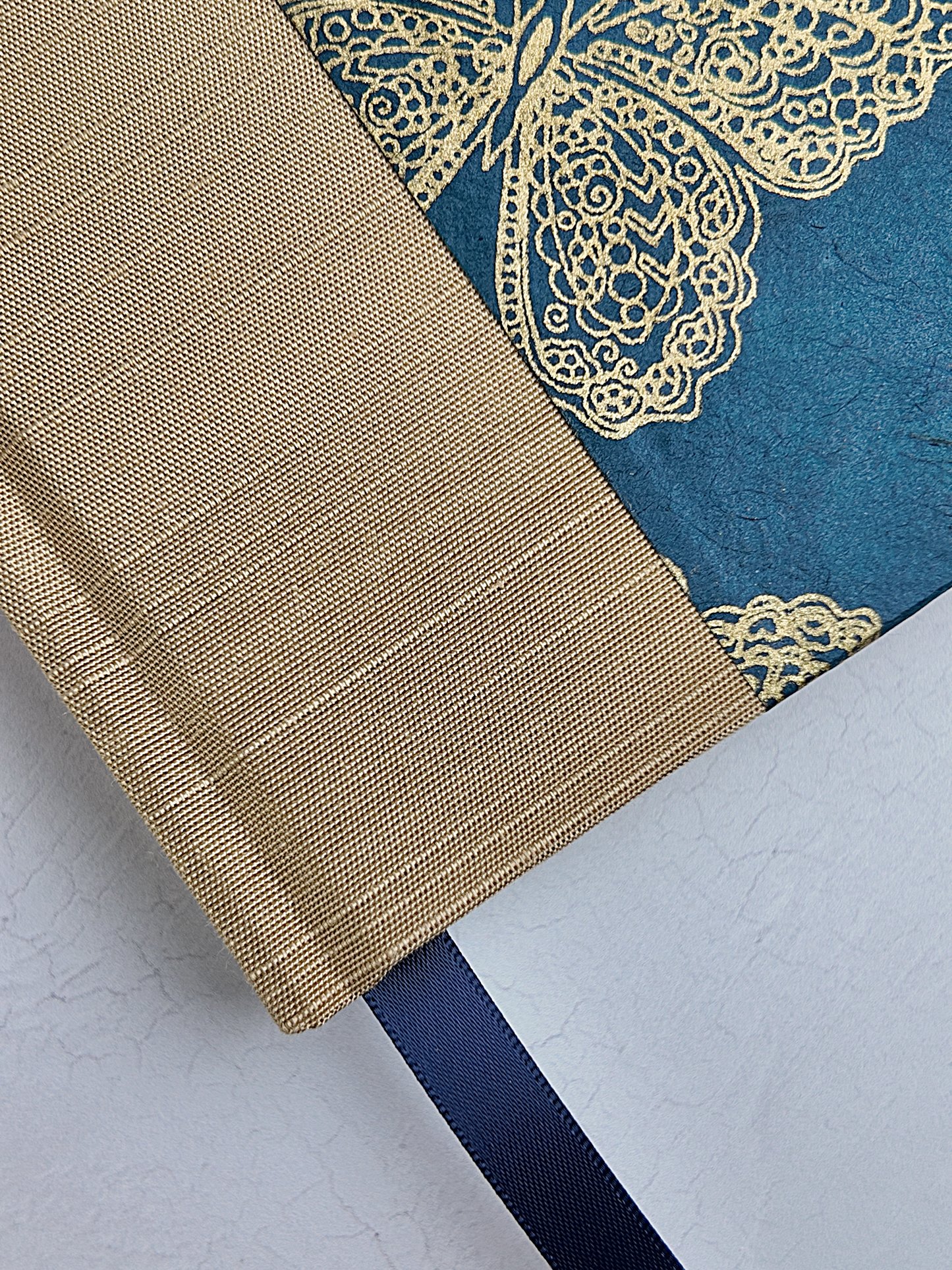 NEW B5 192-page Hardcover Journal finished in Soft Gold Japanese book cloth and blue Nepalese Lokta Paper
