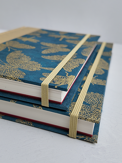 NEW B5 192-page Hardcover Journal finished in Soft Gold Japanese book cloth and blue Nepalese Lokta Paper