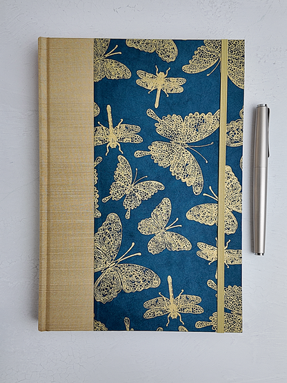 NEW B5 192-page Hardcover Journal finished in Soft Gold Japanese book cloth and blue Nepalese Lokta Paper