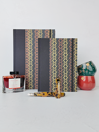 NEW B5 192-page Hardcover Journal finished in Black Japanese book cloth and Vintage Katazome-shi Paper in Gold and Bronze
