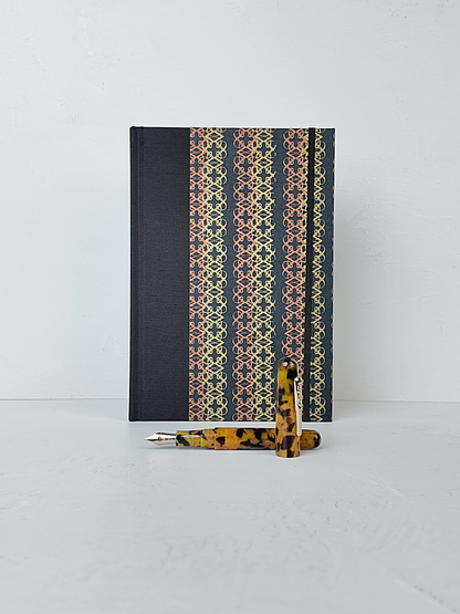 NEW B5 192-page Hardcover Journal finished in Black Japanese book cloth and Vintage Katazome-shi Paper in Gold and Bronze