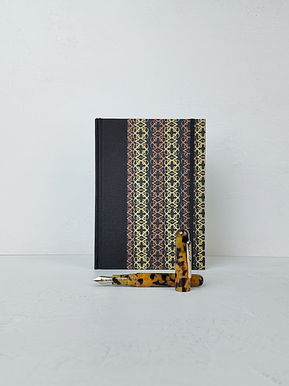 NEW A5 160-page Hardcover Journal finished in Black Japanese book cloth and Vintage Katazome-shi Paper in Gold and Bronze