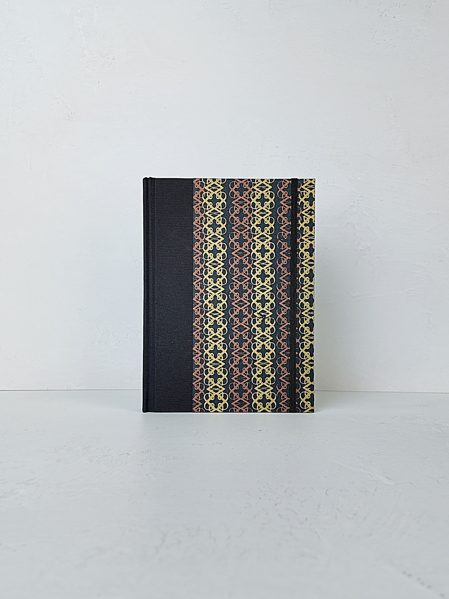 NEW A5 160-page Hardcover Journal finished in Black Japanese book cloth and Vintage Katazome-shi Paper in Gold and Bronze
