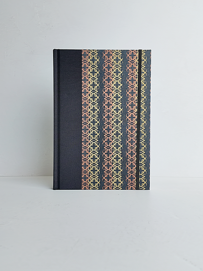 NEW B5 192-page Hardcover Journal finished in Black Japanese book cloth and Vintage Katazome-shi Paper in Gold and Bronze