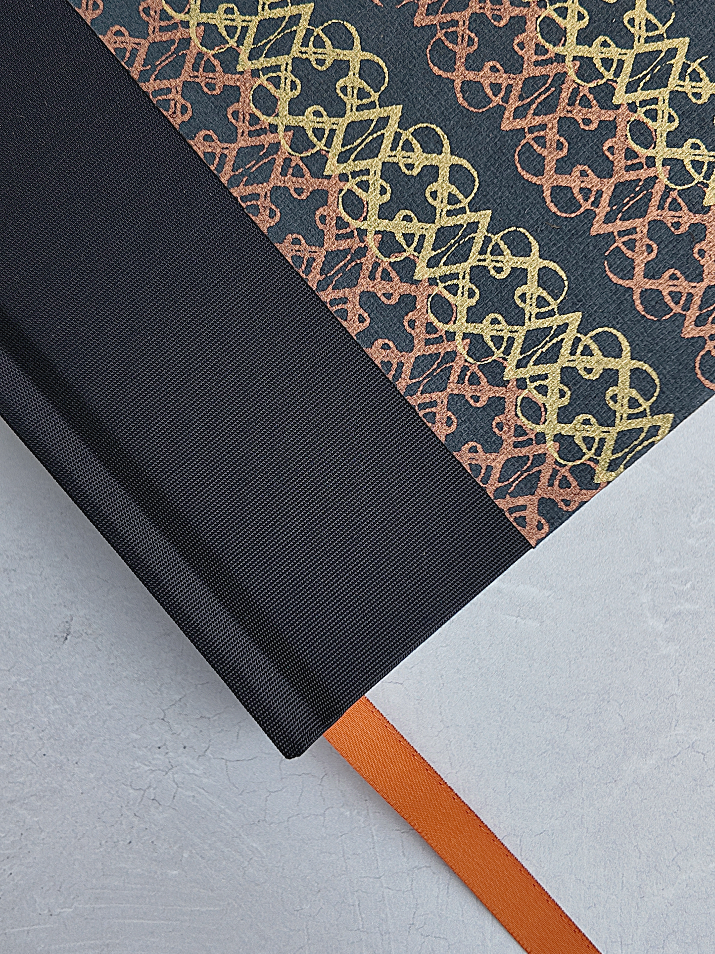 NEW A5 160-page Hardcover Journal finished in Black Japanese book cloth and Vintage Katazome-shi Paper in Gold and Bronze