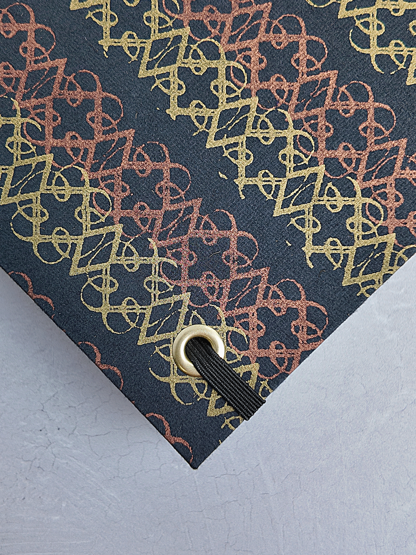 NEW A5 160-page Hardcover Journal finished in Black Japanese book cloth and Vintage Katazome-shi Paper in Gold and Bronze