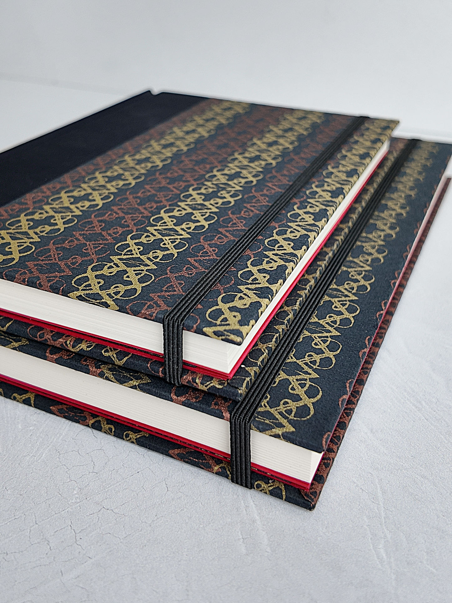 NEW B5 192-page Hardcover Journal finished in Black Japanese book cloth and Vintage Katazome-shi Paper in Gold and Bronze
