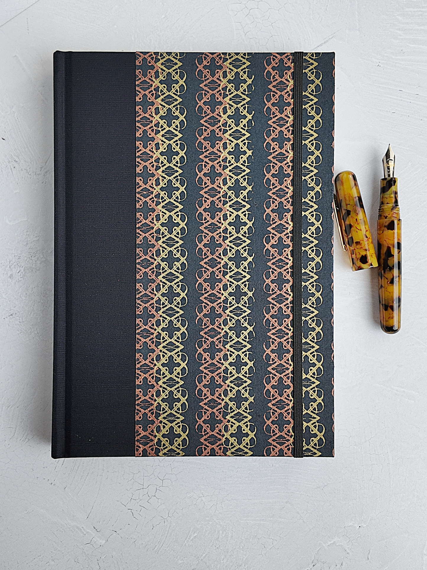 NEW B5 192-page Hardcover Journal finished in Black Japanese book cloth and Vintage Katazome-shi Paper in Gold and Bronze