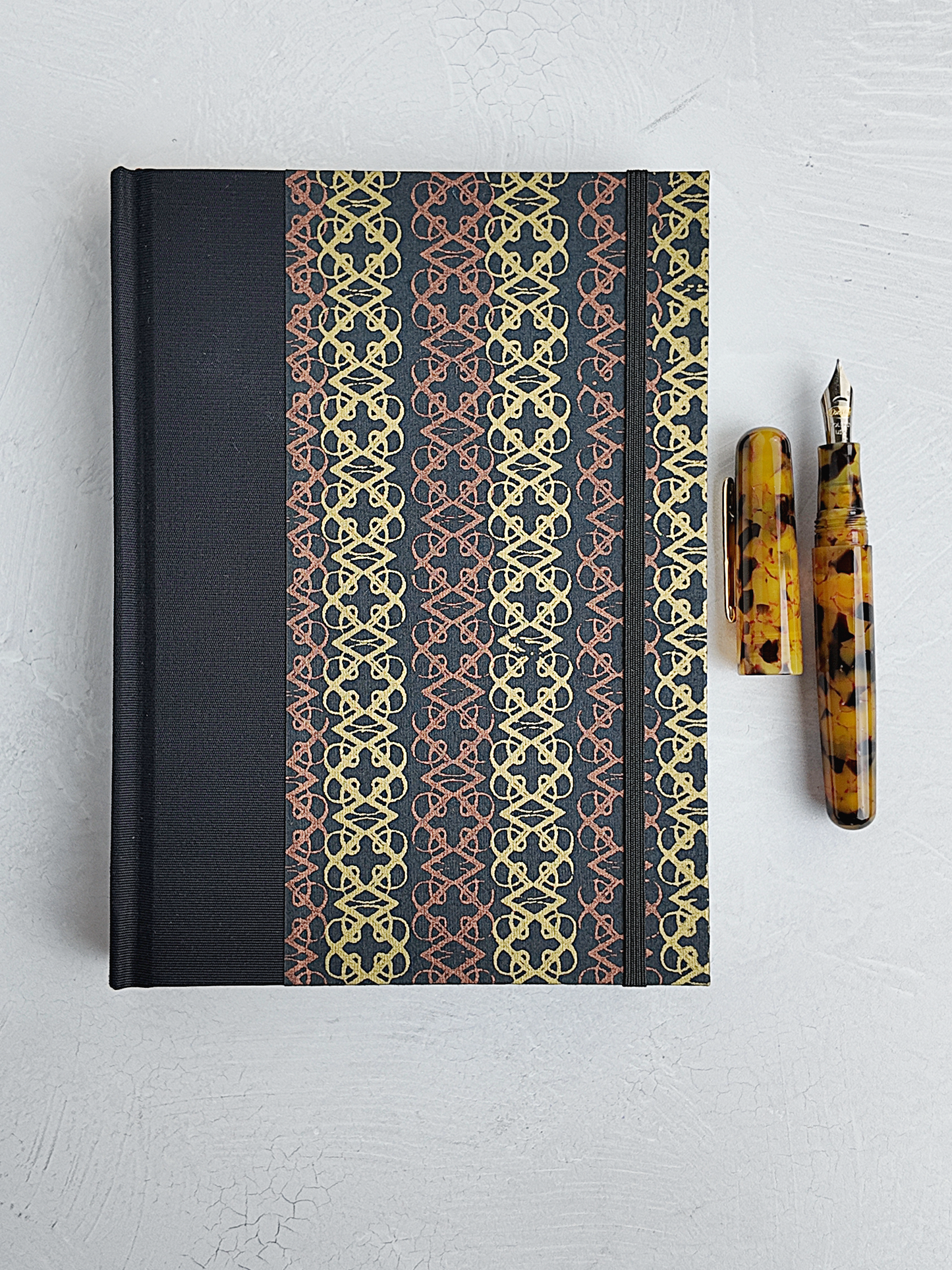 NEW A5 160-page Hardcover Journal finished in Black Japanese book cloth and Vintage Katazome-shi Paper in Gold and Bronze