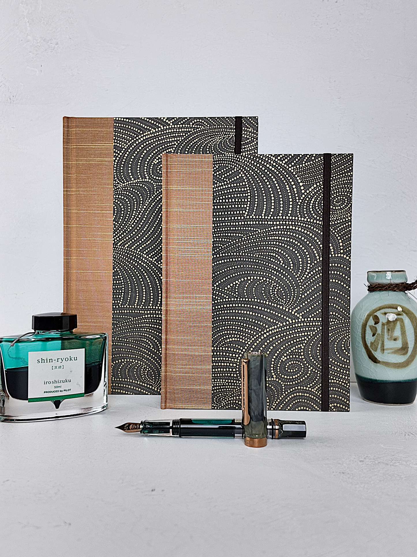 NEW B5 192-page Hardcover Journal finished in Bronze Japanese book cloth and Gold on Brown Chiyogami Paper