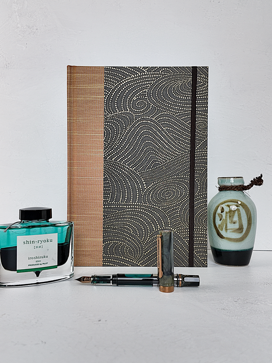 B5 192-page Hardcover Journal finished in Bronze Japanese book cloth and Gold on Brown Chiyogami Paper