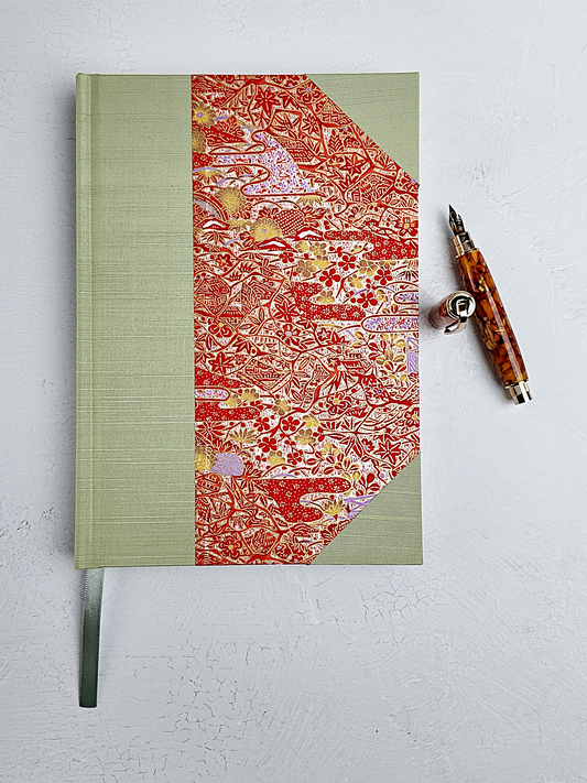 B5 192-page Hardcover Journal finished in Celery Japanese book cloth and Orange and Purple Chiyogami Paper Chiyogami