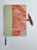 B5 192-page Hardcover Journal finished in Celery Japanese book cloth and Orange and Purple Chiyogami Paper Chiyogami