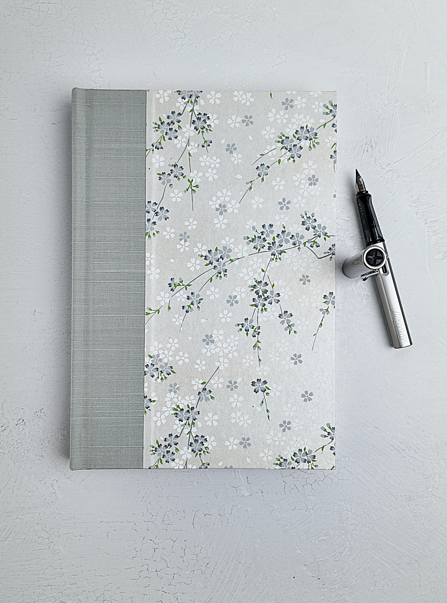 B5 192-page Hardcover Journal finished in Silver Japanese book cloth and floral Chiyogami Paper