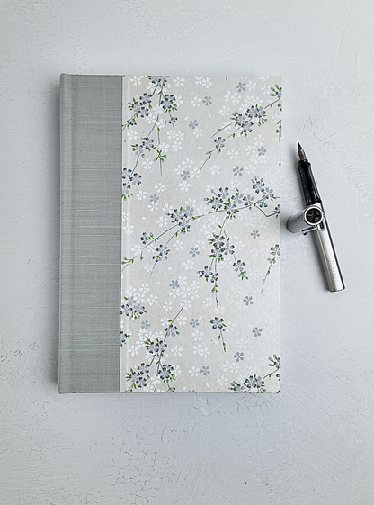 B5 192-page Hardcover Journal finished in Silver Japanese book cloth and floral Chiyogami Paper