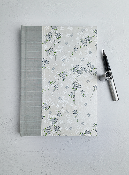 B5 192-page Hardcover Journal finished in Silver Japanese book cloth and floral Chiyogami Paper