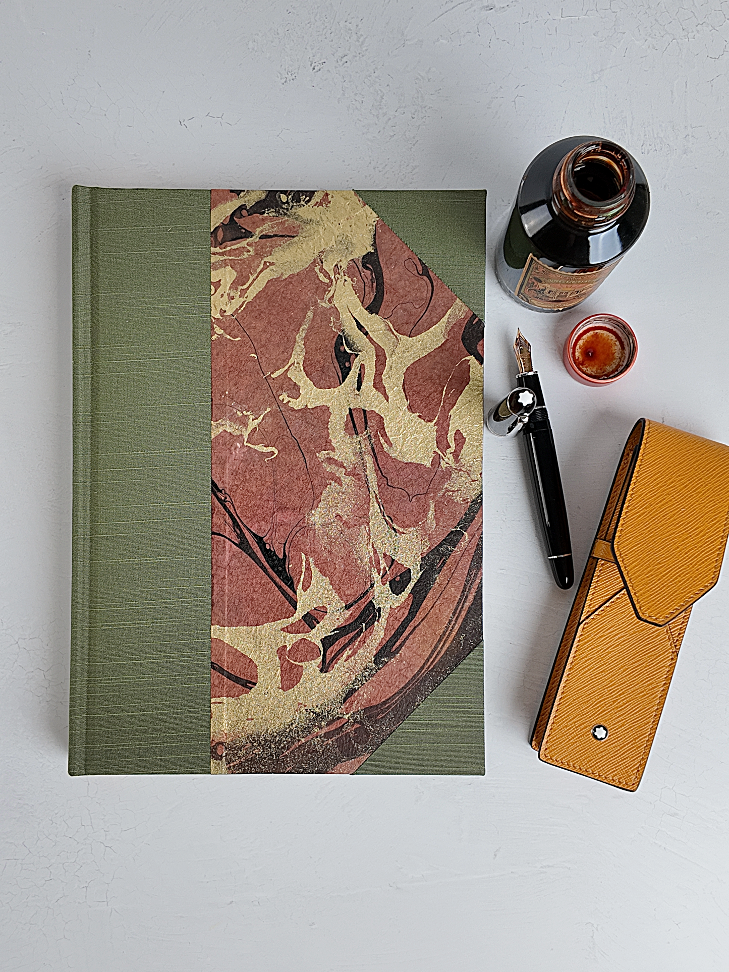 NEW B5 192-page Hardcover Journal finished in Olive Green Japanese book cloth and hand marbled Thai Momi Paper