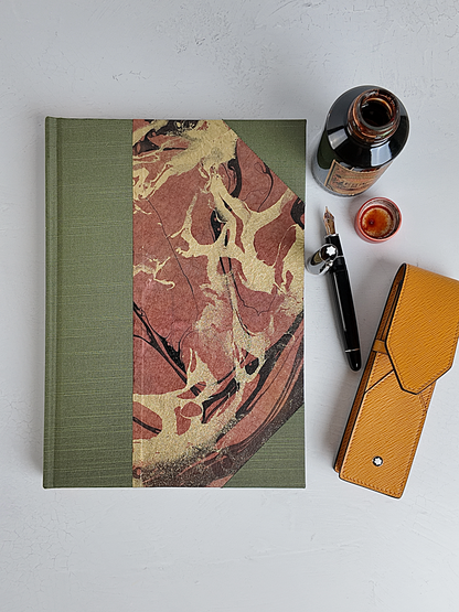 NEW B5 192-page Hardcover Journal finished in Olive Green Japanese book cloth and hand marbled Thai Momi Paper