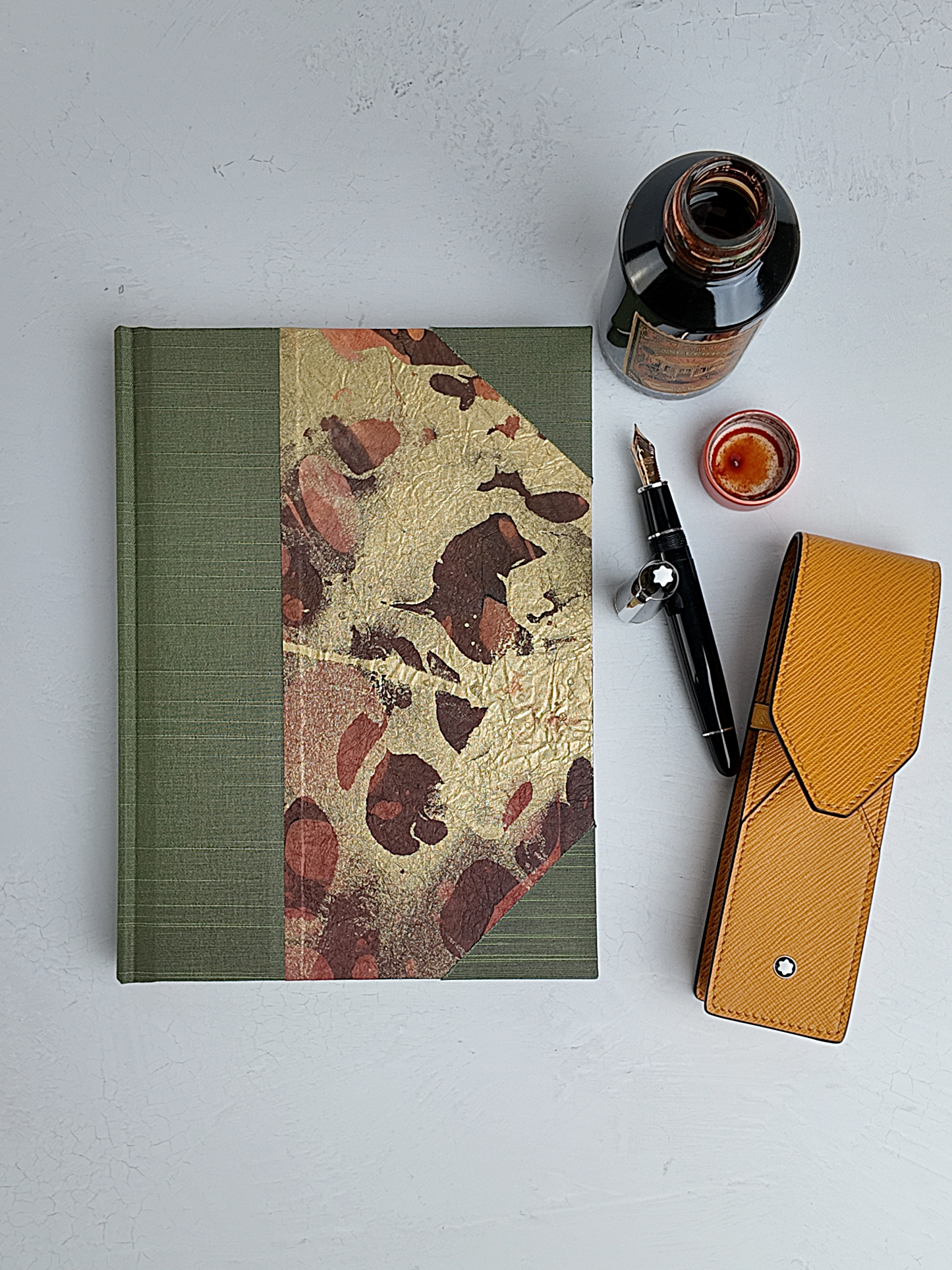 NEW A5 160-page Hardcover Journal finished in Olive Green Japanese book cloth and hand marbled Thai Momi Paper