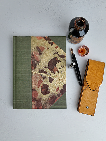 NEW A5 160-page Hardcover Journal finished in Olive Green Japanese book cloth and hand marbled Thai Momi Paper