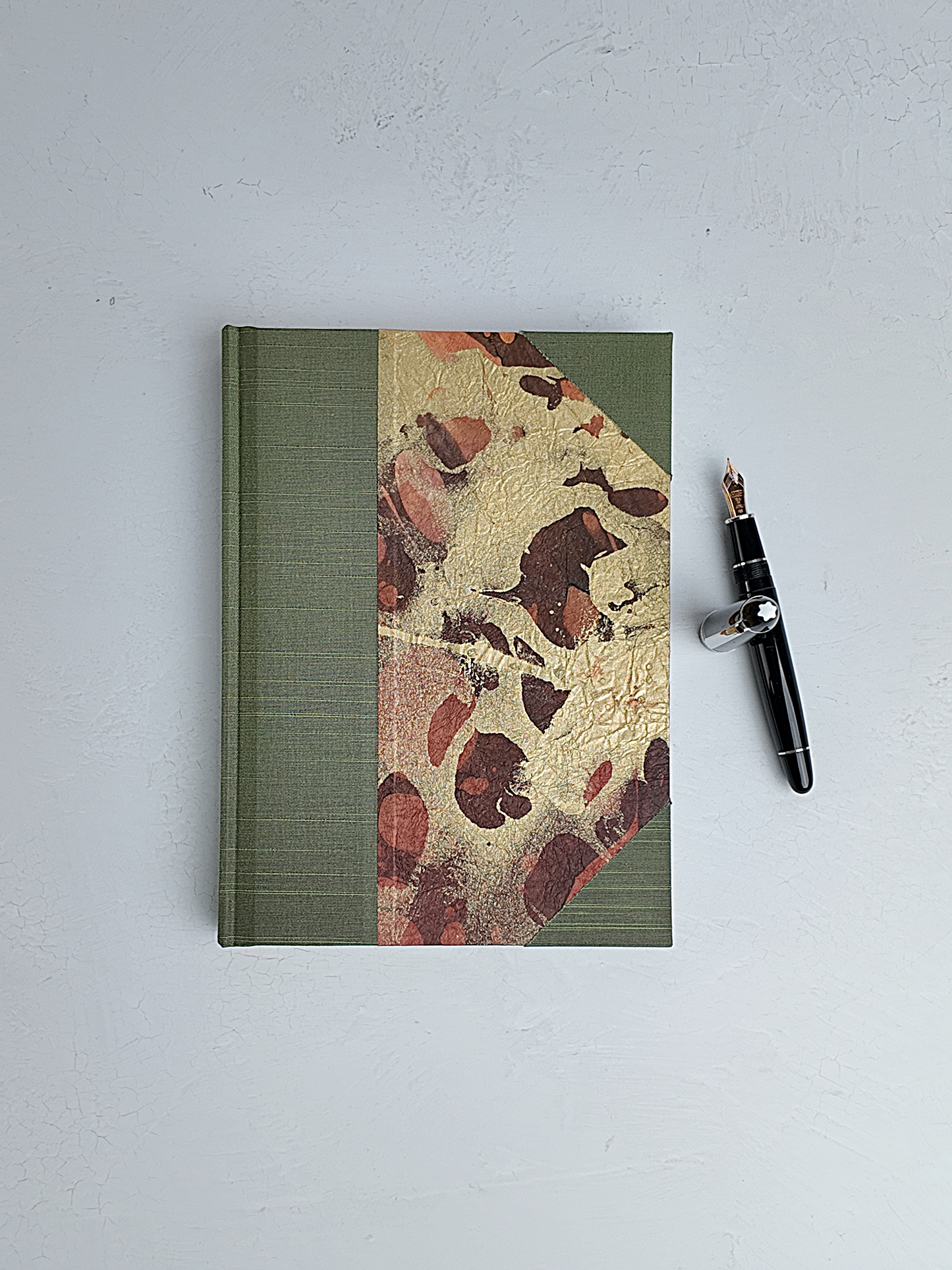 NEW A5 160-page Hardcover Journal finished in Olive Green Japanese book cloth and hand marbled Thai Momi Paper