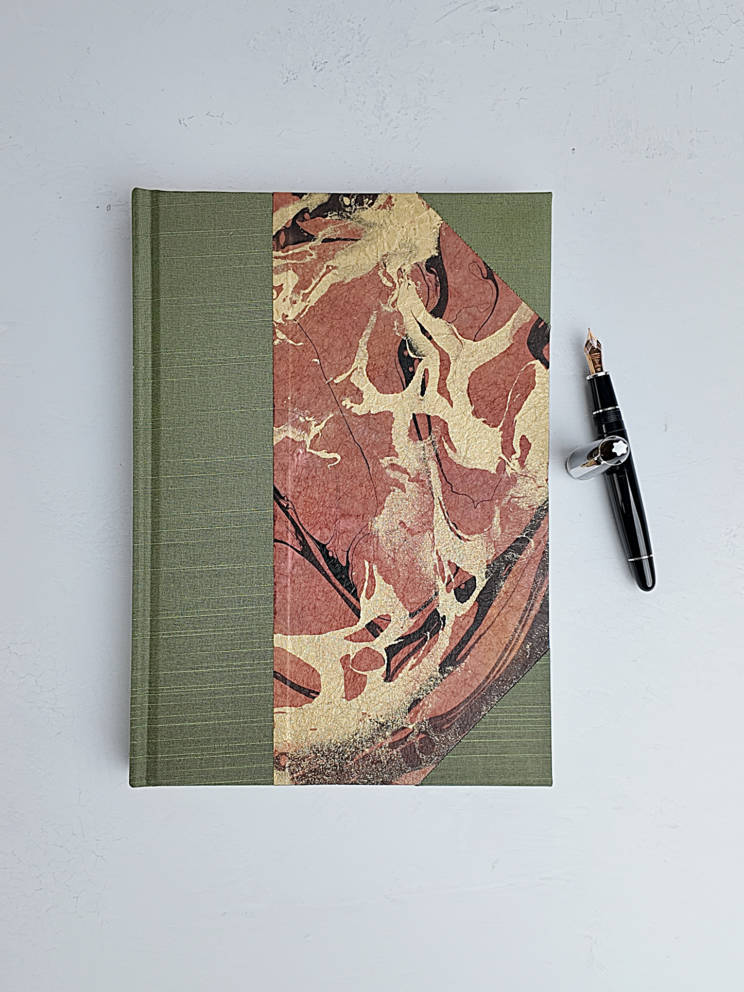 NEW B5 192-page Hardcover Journal finished in Olive Green Japanese book cloth and hand marbled Thai Momi Paper