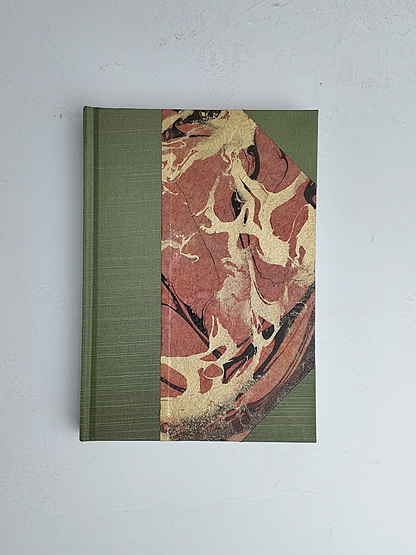 NEW B5 192-page Hardcover Journal finished in Olive Green Japanese book cloth and hand marbled Thai Momi Paper