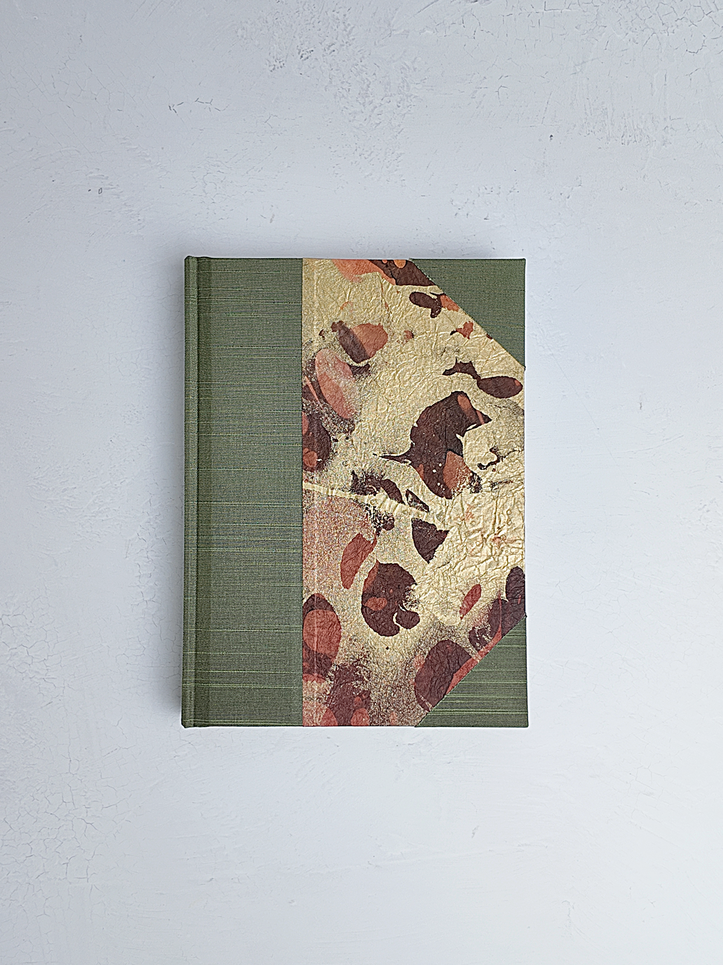 NEW A5 160-page Hardcover Journal finished in Olive Green Japanese book cloth and hand marbled Thai Momi Paper