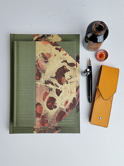 NEW A5 160-page Hardcover Journal finished in Olive Green Japanese book cloth and hand marbled Thai Momi Paper