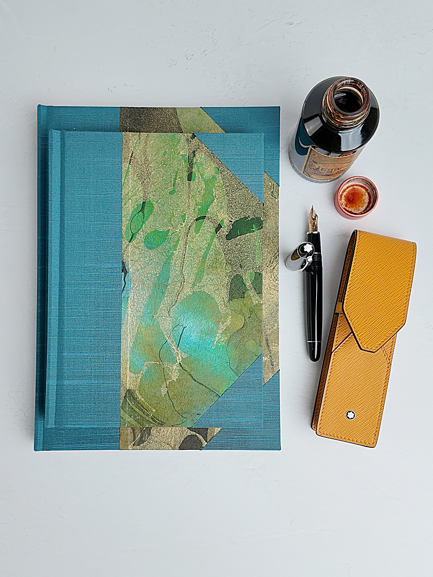 NEW A5 160-page Hardcover Journal finished in Marine Blue Japanese book cloth and hand marbled Thai Momi Paper