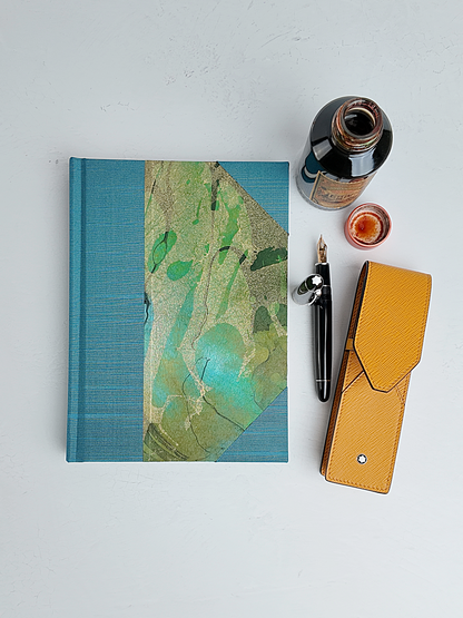 NEW A5 160-page Hardcover Journal finished in Marine Blue Japanese book cloth and hand marbled Thai Momi Paper