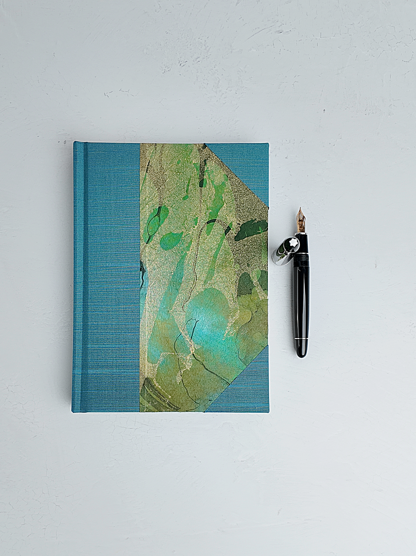 NEW A5 160-page Hardcover Journal finished in Marine Blue Japanese book cloth and hand marbled Thai Momi Paper