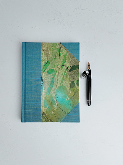 NEW A5 160-page Hardcover Journal finished in Marine Blue Japanese book cloth and hand marbled Thai Momi Paper