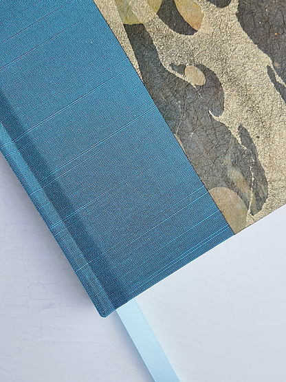 NEW A5 160-page Hardcover Journal finished in Marine Blue Japanese book cloth and hand marbled Thai Momi Paper