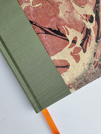 NEW B5 192-page Hardcover Journal finished in Olive Green Japanese book cloth and hand marbled Thai Momi Paper
