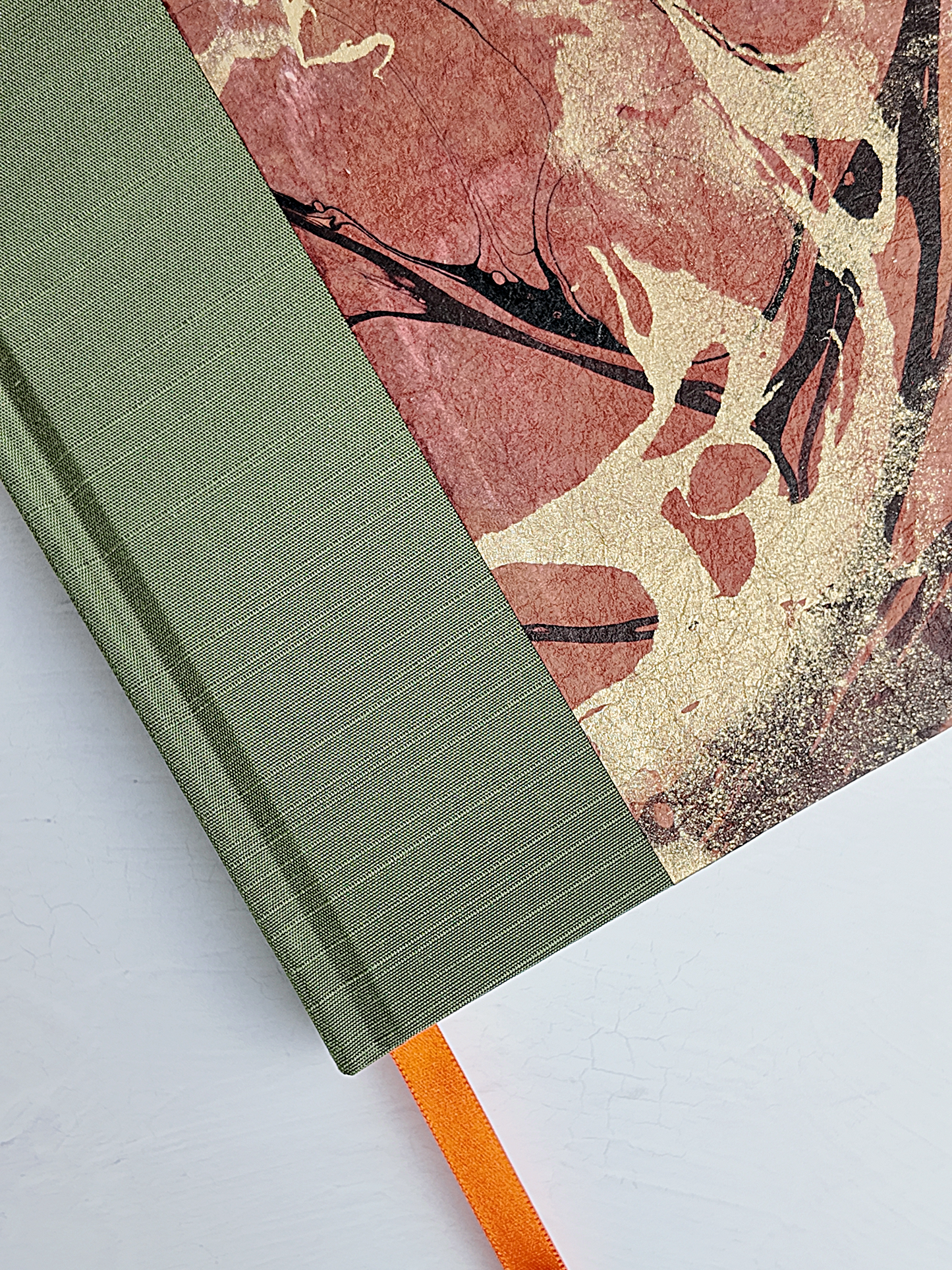 NEW A5 160-page Hardcover Journal finished in Olive Green Japanese book cloth and hand marbled Thai Momi Paper