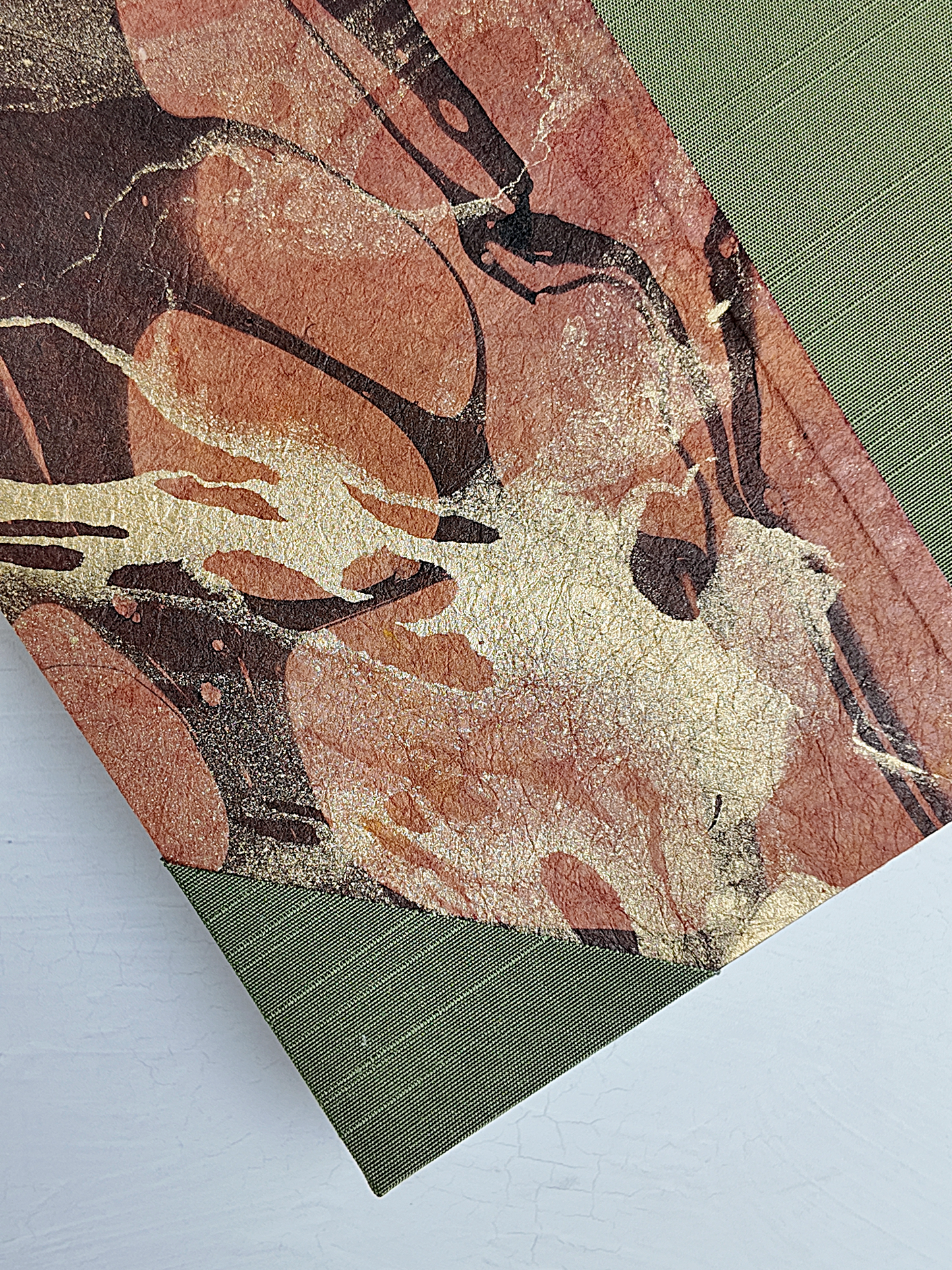 NEW B5 192-page Hardcover Journal finished in Olive Green Japanese book cloth and hand marbled Thai Momi Paper