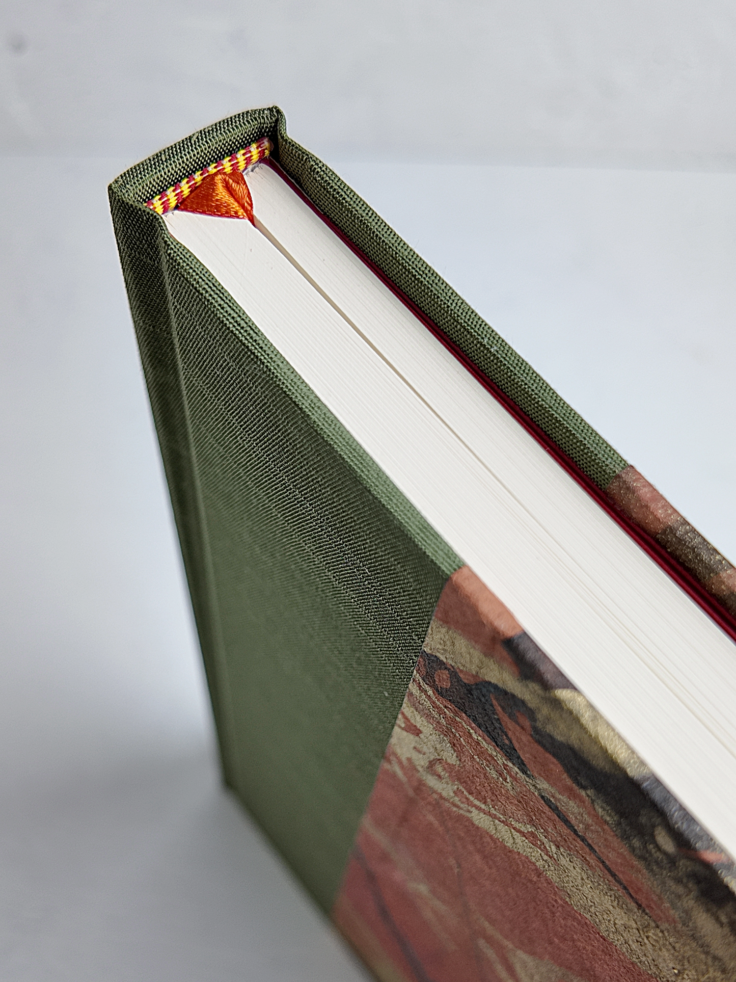 NEW B5 192-page Hardcover Journal finished in Olive Green Japanese book cloth and hand marbled Thai Momi Paper