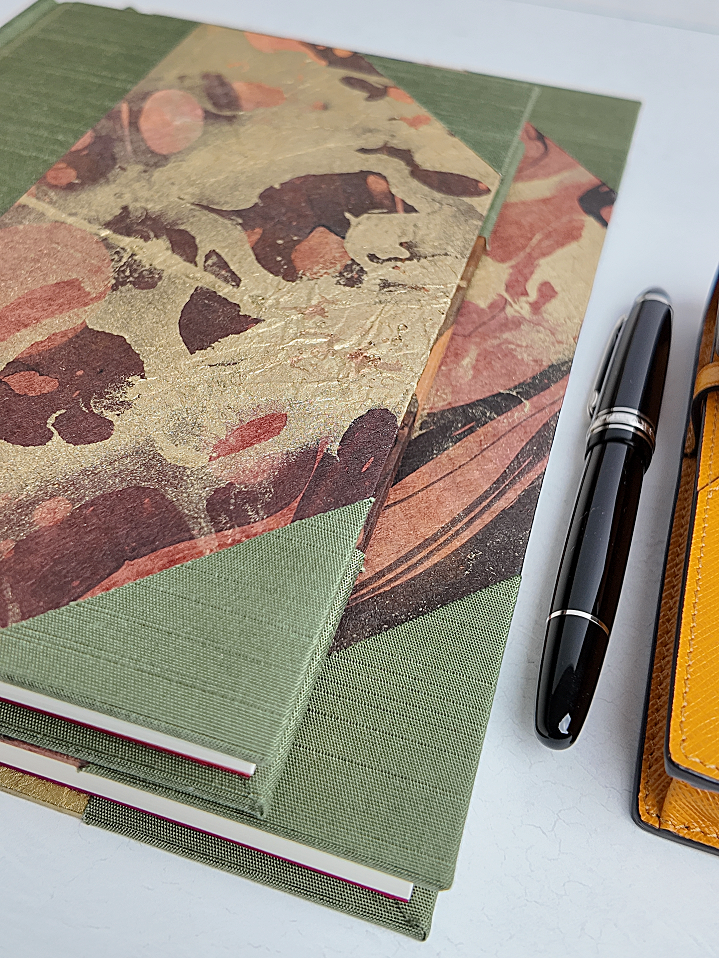NEW B5 192-page Hardcover Journal finished in Olive Green Japanese book cloth and hand marbled Thai Momi Paper