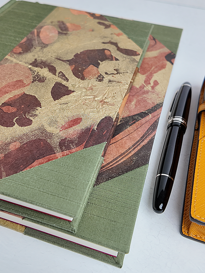 NEW A5 160-page Hardcover Journal finished in Olive Green Japanese book cloth and hand marbled Thai Momi Paper