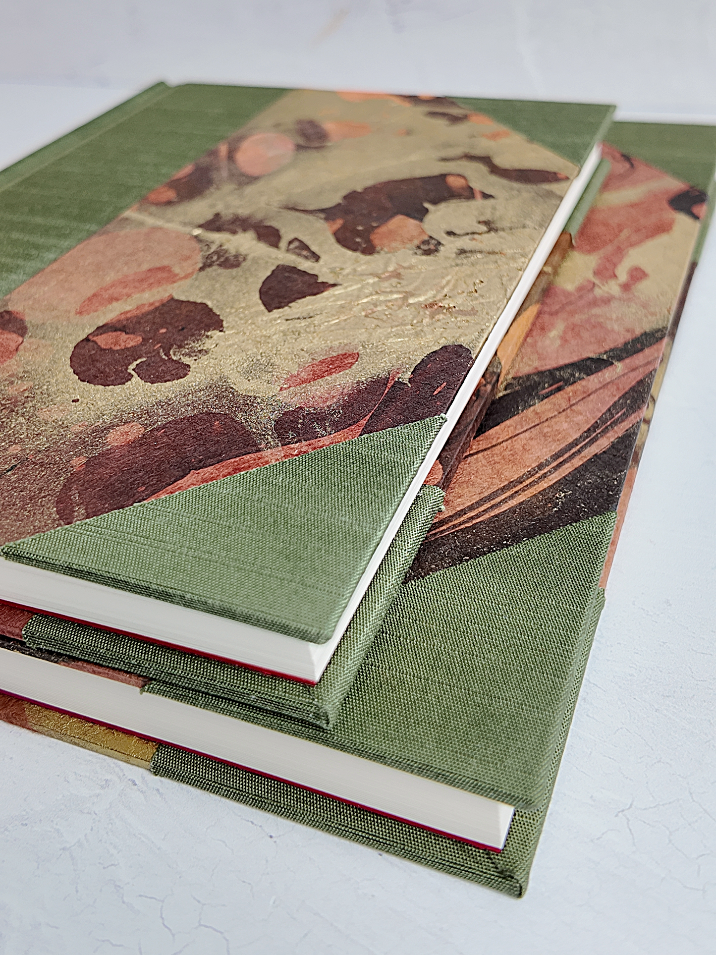 NEW B5 192-page Hardcover Journal finished in Olive Green Japanese book cloth and hand marbled Thai Momi Paper