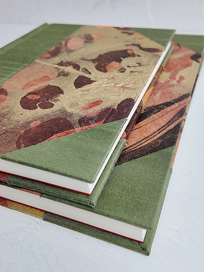 NEW A5 160-page Hardcover Journal finished in Olive Green Japanese book cloth and hand marbled Thai Momi Paper
