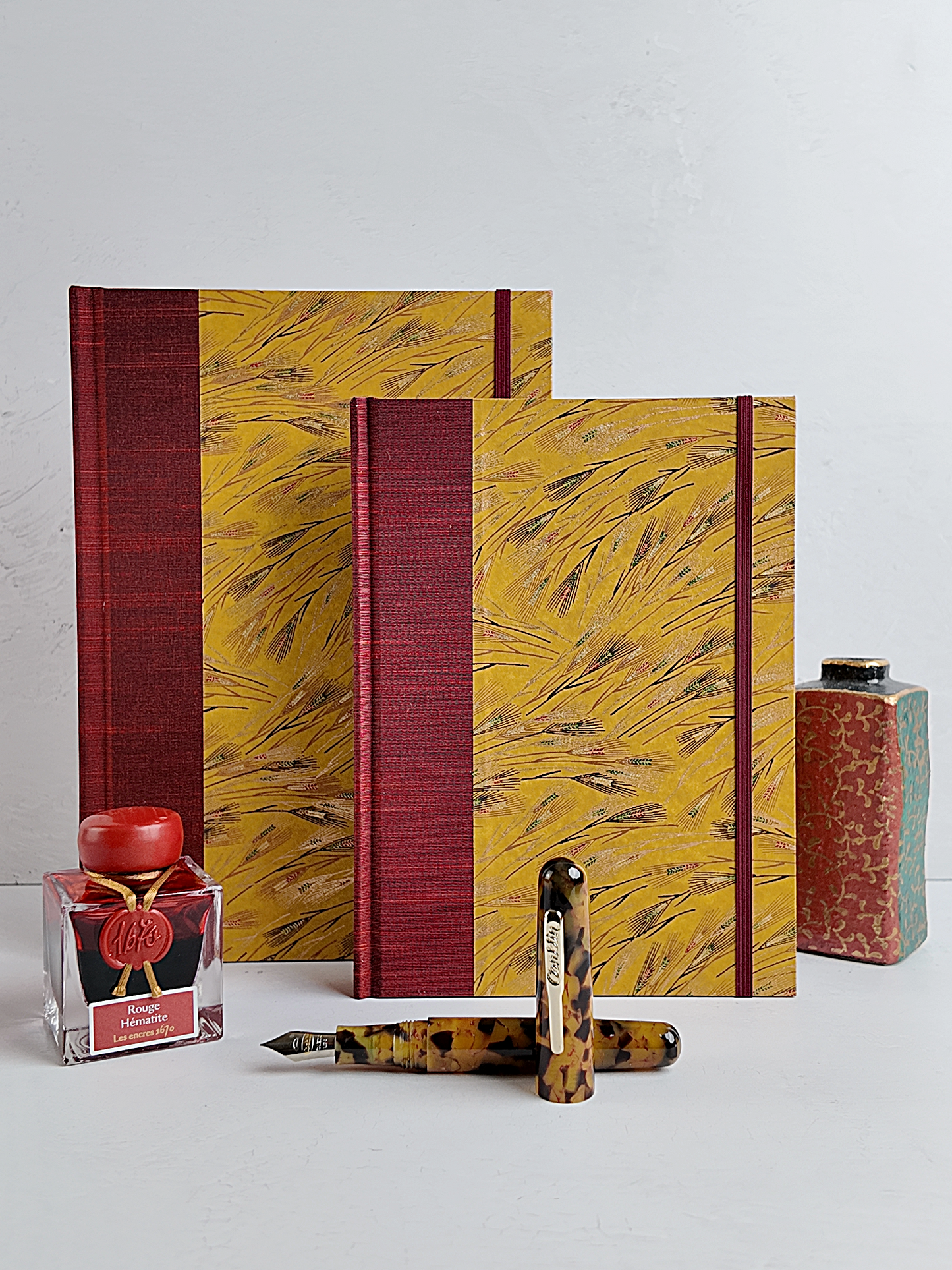 NEW B5 192-page Hardcover Journal finished in Blood Red Japanese book cloth and Golden Cornfields Chiyogami Paper