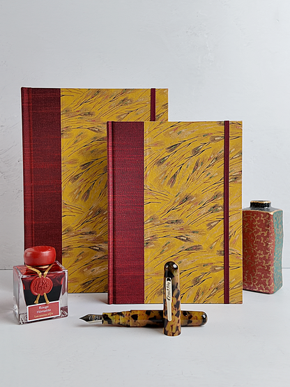 NEW A5 160-page Hardcover Journal finished in Blood Red Japanese book cloth and Golden Cornfields Chiyogami Paper